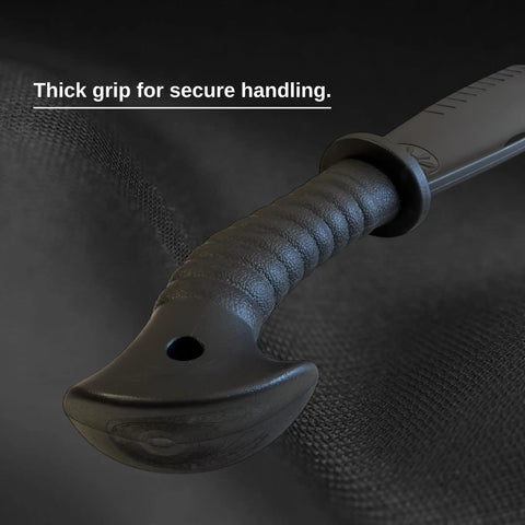 Close-up of the grip on the Durable Polypropylene Barong Style Black Sword For Training With Realistic Balance And Safe Sparring.