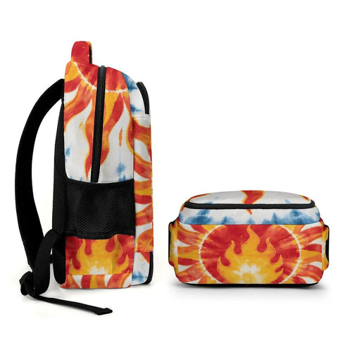 Side and top view of Blue Radial Tie Dye Sun Pattern Backpack Unisex Large Capacity Daypack Made From Durable Polyester Breathable Fabric