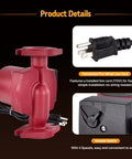 Level Up Your Hot Water Game With This Slick 22 GPM Circulator Pump For Fast Recirculation Three Speed Settings Bronze Build And Easy Plug And Play Install For Smooth Residential Plumbing Flow with red pump and pre-wired cord.