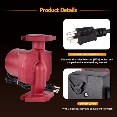 Level Up Your Hot Water Game With This Slick 22 GPM Circulator Pump For Fast Recirculation Three Speed Settings Bronze Build And Easy Plug And Play Install For Smooth Residential Plumbing Flow with red pump and pre-wired cord.