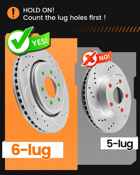 Comparison of 6-lug vs 5-lug brake rotors for Beefy Front Brake Rotors Kit For Toyota Tacoma 2005 To 2023 6 Lug Not For 5 Lug Includes 319mm 12.56in Rotors Also Fits 2003 To 2009 4Runner With 16 Inch Wheels Anti Rust Geomet Coated Heavy Duty Brake Upgrade