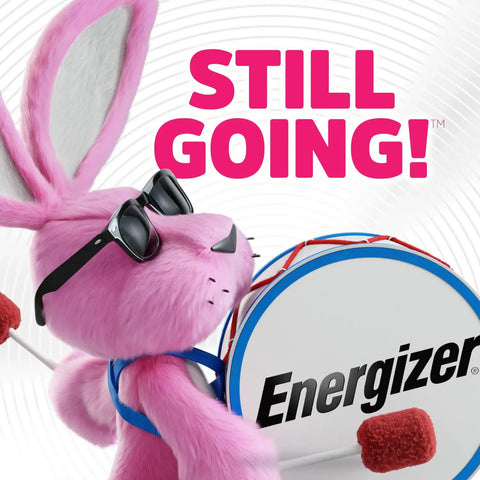Pink bunny mascot in sunglasses playing a drum with 'Energizer' logo, symbolizing reliability and energy.