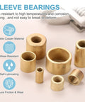 Front view of 12 gold-tone brass sleeve bearings, 4 mm bore, 6 mm OD, 12 mm length.