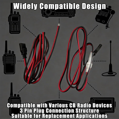 Beefy 16 AWG CB Radio Power Cord with Inline Fuse, 3 Pin Plug Cable, heavy duty copper, shown with compatible radios
