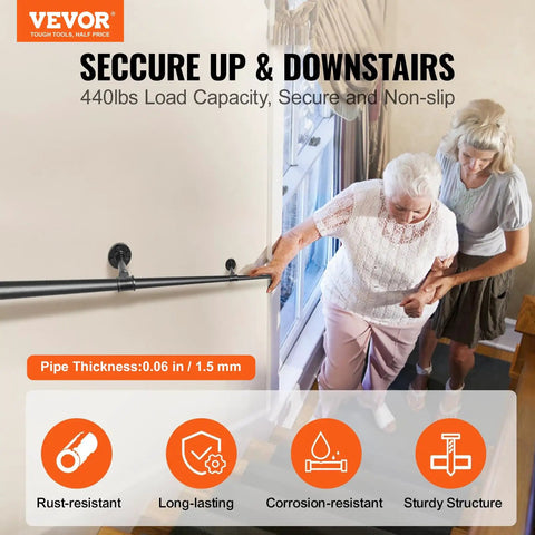 Industrial Beefy Pipe Stair Handrail System, 10 Ft Length, 3 Piece Carbon Steel Handrails, indoor use with secure grip