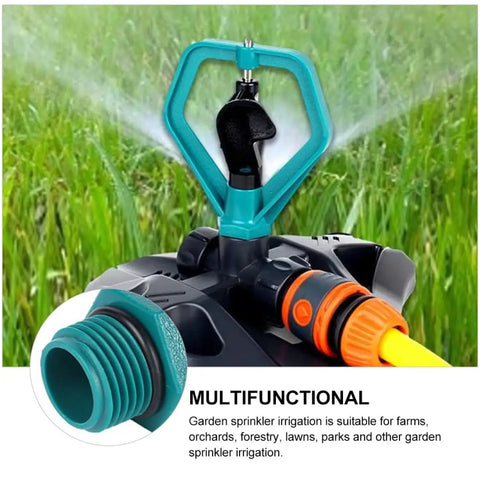 Two Pack Automatic Lawn Sprinklers For Garden Irrigation System That Keeps Lawns Green On Auto Pilot, rotating on green grass