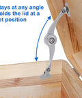 Badass 2 Pack Toy Box Hinges With Butter Smooth Soft Close Action and Ultra Strong Lid Stay Struts holding wooden chest lid at an angle.