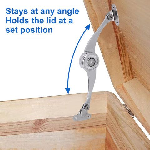 Badass 2 Pack Toy Box Hinges With Butter Smooth Soft Close Action and Ultra Strong Lid Stay Struts holding wooden chest lid at an angle.