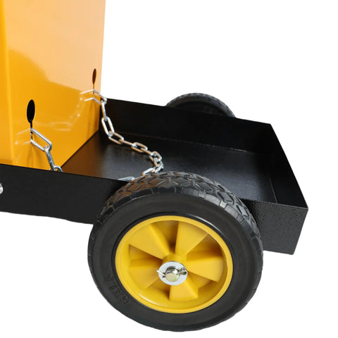 Heavy Duty Rolling Welding Cart With Wheels For Welder And Plasma Cutter showing wheel and gas bottle safety chain