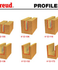 Profiles of cuts from Six Piece Straight Router Bit Set With Half Inch Shank And Bits From Quarter Inch To One Inch In One Eighth Inch Increments