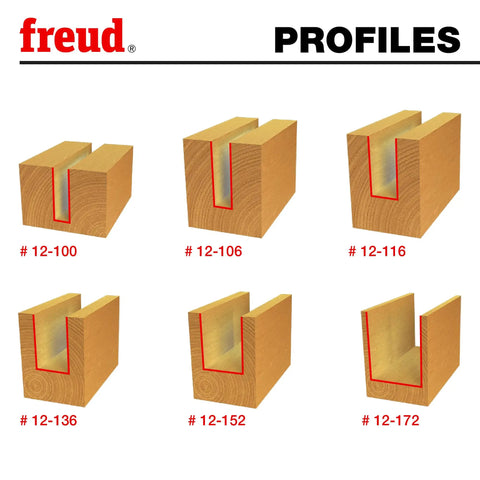 Profiles of cuts from Six Piece Straight Router Bit Set With Half Inch Shank And Bits From Quarter Inch To One Inch In One Eighth Inch Increments