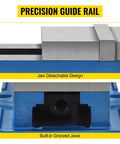 Close-up of 6 Inch Accu Lock Down Milling Vise showing precision guide rail and built-in grooved jaws.
