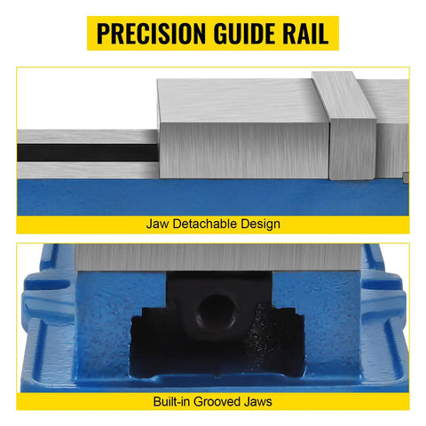 Close-up of 6 Inch Accu Lock Down Milling Vise showing precision guide rail and built-in grooved jaws.