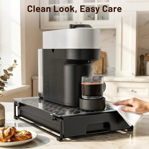 3 Inch Slim Crystal Glass Coffee Capsule Organizer Drawer For Nespresso Vertuo Pods Holds 24 Pods NP06 on kitchen counter