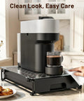 Slide Out Glass Coffee Pod Drawer with Rollers and Brake, under cabinet with VertuoLine pods, in use with coffee machine, kitchen counter