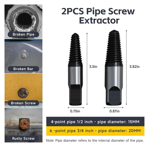 Image of 2PCS Pipe Screw Extractor, durable 4-point and 6-point tools for removing broken screws from 1/2 and 3/4 inch pipes.