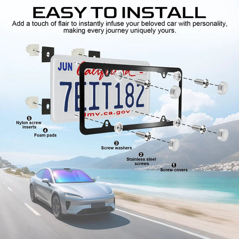 Heavy Duty Stainless Steel License Plate Screws Kit with nylon inserts and foam pads for easy mounting on vehicles.