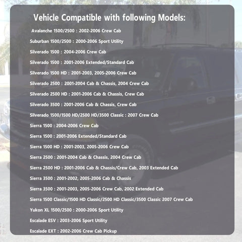 Vehicle compatibility list for Rear Right Passenger Side Power Window Regulator With Motor Fits 2001 2007 Chevy Silverado Avalanche Suburban GMC Sierra Yukon XL Cadillac Escalade EXT ESV