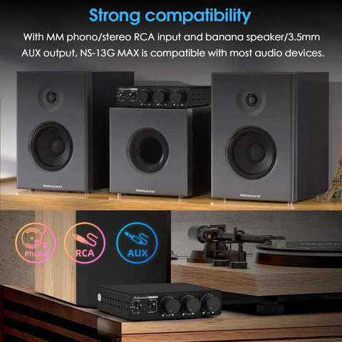 Beast 300W Per Channel Class D Stereo Amplifier with speakers, phono input, RCA, MM bass treble control, powered by TPA3255 chip.