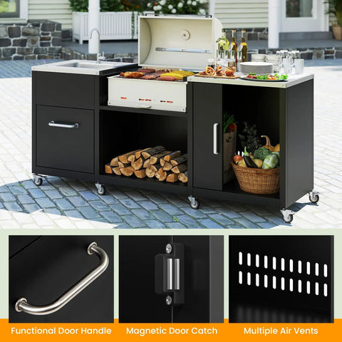 80 Inch Outdoor Grill Table With Sink And Drainage, Heavy Duty Metal Cart With Cabinet And Removable Stainless Steel Top