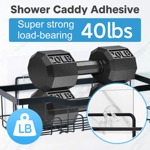14 Pack Clear Shower Caddy Adhesive Hooks Kit With Waterproof Strips No Drill Installation, holding 40lb weight, close-up view.