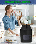 Woman in kitchen with Coffee Marker Cover for Keurig K-Mini Mate Single Serve Coffee Maker Built Tough Waterproof Dustproof Protective Case With Thick Nylon Black Custom Fit Snug Protection on counter.