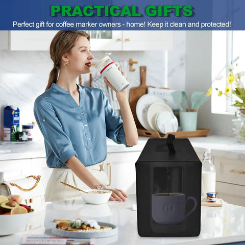 Woman in kitchen with Coffee Marker Cover for Keurig K-Mini Mate Single Serve Coffee Maker Built Tough Waterproof Dustproof Protective Case With Thick Nylon Black Custom Fit Snug Protection on counter.