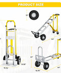 Heavy Duty 4 In 1 Convertible Hand Truck Dolly Cart dimensions with 10" wheels, 44" height, and 15.75" width for easy hauling.