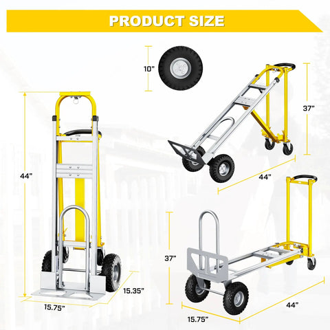 Heavy Duty 4 In 1 Convertible Hand Truck Dolly Cart dimensions with 10" wheels, 44" height, and 15.75" width for easy hauling.