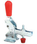 Vertical Hold Down Clamp With 1000 Lb Capacity, 80 Degree U Bar Opening, And Flanged Base For Reliable Workholding In Milling, Welding, And Metal Fabrication Projects. vertical toggle clamp with red handle, threaded screw, and flanged base