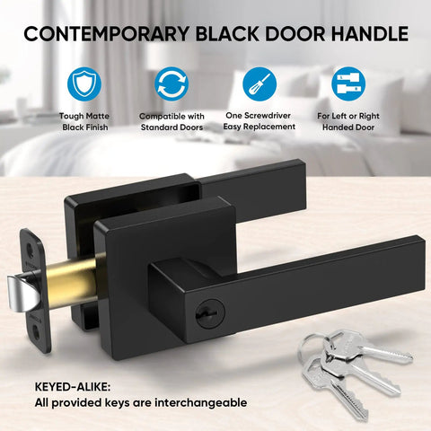 Matte Black Door Handle Set Built Tough Heavy Duty Reversible Square Lever For Bedroom And Bathroom With Keyed Entry