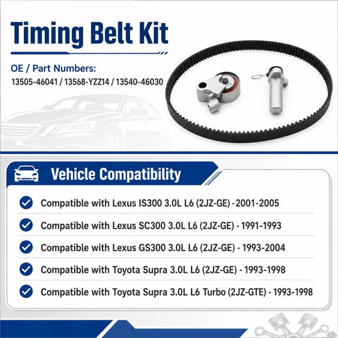 Premium Heavy Duty Timing Belt Kit With Tensioner Roller And Idler Pulleys For Lexus IS300 SC300 GS300 And Toyota Supra 3 0L 2JZ Matched Oem Specs To Restore Peak Power While Keeping Your Ride Cruising Smooth As Silk Until The Next Fix timing belt, rollers, and tensioner