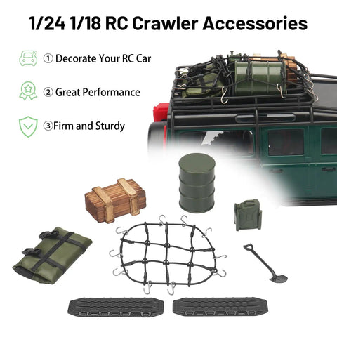 Trail Ready RC Crawler Accessories Kit For 1 By 18 And 1 By 24 Scale Rigs Roof Rack with sleeping bag and fuel tanks