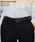 Man wearing Lightweight Mens Ratchet Belt With Fixed Length Easy Click Mechanism Non Trimmable Fit For 32 To 38 Inch Waist