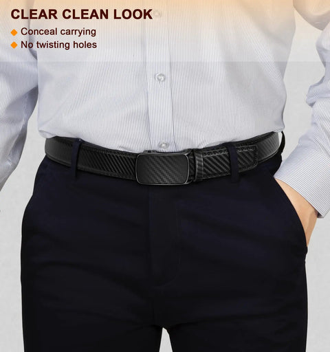 Man wearing Lightweight Mens Ratchet Belt With Fixed Length Easy Click Mechanism Non Trimmable Fit For 32 To 38 Inch Waist
