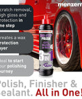 3in1 Car Polishing Kit With Drill Adapter, Medium Cut Pad, And 8oz One Step Polish, Delivers Medium Cut, High Gloss Finisher, And Carnauba Wax Sealant For Quick Cordless Drill Polishing On Your Ride. Bottle beside red car wheel