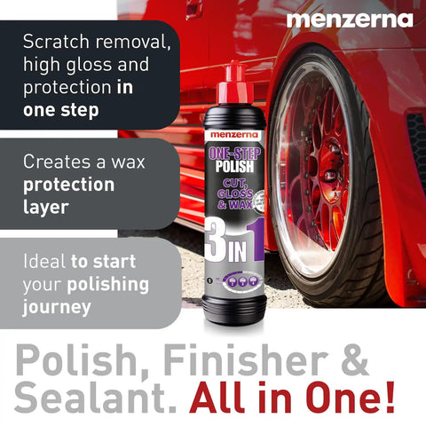 3in1 Car Polishing Kit With Drill Adapter, Medium Cut Pad, And 8oz One Step Polish, Delivers Medium Cut, High Gloss Finisher, And Carnauba Wax Sealant For Quick Cordless Drill Polishing On Your Ride. Bottle beside red car wheel