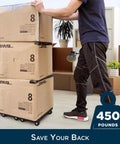 Rock Solid Heavy Duty Furniture Dollies With Wheels For Moving And Interlocking Rolling Movers That Transform Into A Stackable Creeper With 450 Pound Capacity For No Sweat Relocation, stacked boxes on dolly for easy transport.