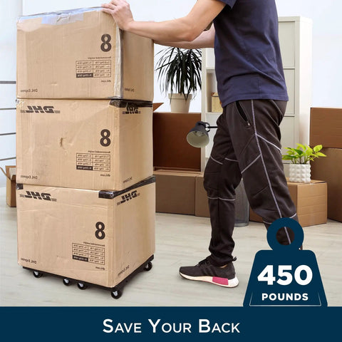Rock Solid Heavy Duty Furniture Dollies With Wheels For Moving And Interlocking Rolling Movers That Transform Into A Stackable Creeper With 450 Pound Capacity For No Sweat Relocation, stacked boxes on dolly for easy transport.
