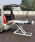 Heavy Duty Hydraulic Scissor Lift Trolley Cart With Electric Flatbed Platform extending from a van's back for easy loading.