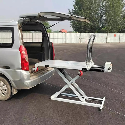 Heavy Duty Hydraulic Scissor Lift Trolley Cart With Electric Flatbed Platform extending from a van's back for easy loading.