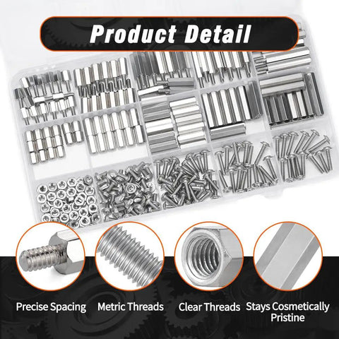 Rock Solid M2.5 Hex Standoffs And Spacers Kit with precision stainless steel screws and nuts, organized in a clear storage case.