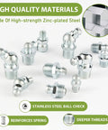 Grease Fittings Assortment Kit With SAE And Metric Zerk Fittings In Straight 45 Degree And 90 Degree Angles Including NPT One Quarter Inch And One Eighth Inch Sizes And Fitting Caps For Grease Gun, displayed with zinc-plated finish