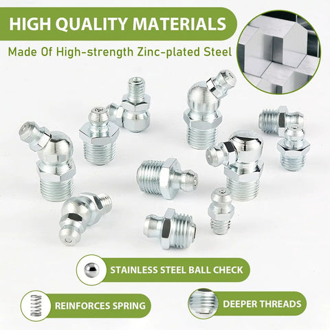 Grease Fittings Assortment Kit With SAE And Metric Zerk Fittings In Straight 45 Degree And 90 Degree Angles Including NPT One Quarter Inch And One Eighth Inch Sizes And Fitting Caps For Grease Gun, displayed with zinc-plated finish