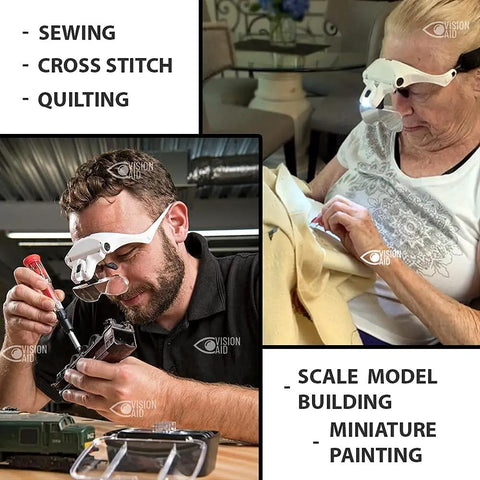 Hands Free LED Magnifier Glasses With Five Lenses And Headband For Hobby Crafts And Close Detail Tasks Like Diamond Painting And Cross Stitch features male and female using glasses for crafting.