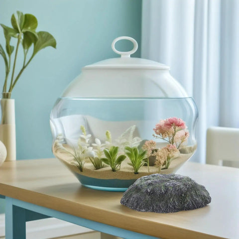 Top Shelf Floating Turtle Basking Platform With Smooth Stairs And Low Key Indestructible Resin Build beside a decorated aquarium.