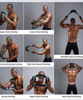 Man using Twister Arm Trainer Pro for upper body exercises, targeting chest, biceps, back, and shoulders with U Torque Stick.