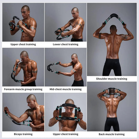 Man using Twister Arm Trainer Pro for upper body exercises, targeting chest, biceps, back, and shoulders with U Torque Stick.