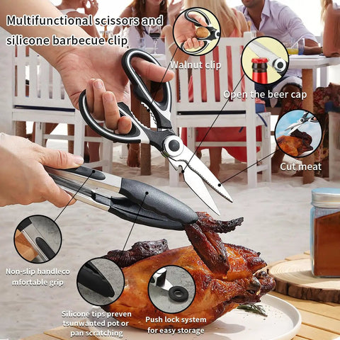 All In One Camping Kitchen Set With Stainless Steel Tongs Slotted Spatulas Spoons Chef Knife Kitchen Shears Bottle Opener Peeler And Spice Bottles Plus A Chopping Board And Four Plastic Plates For Outdoor Cooking On The Go Picnics And BBQ.