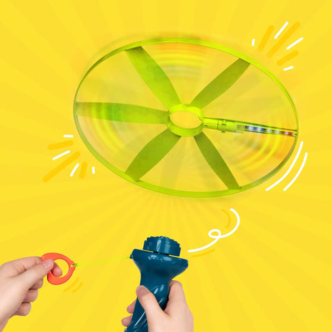 Skyrocopter Light Up Flying Disc With Launcher For Kids 5 And Up, shown being launched, colorful LEDs visible, easy to launch toy